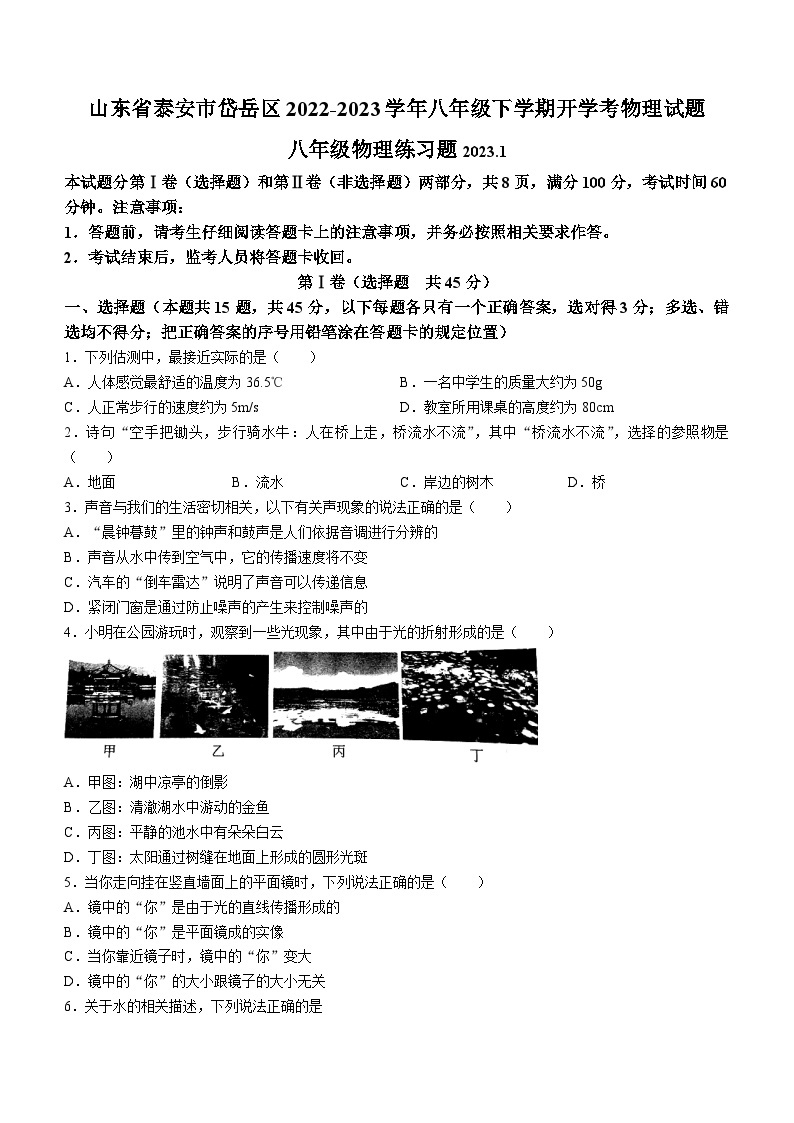 山东省泰安市岱岳区2022-2023学年八年级下学期开学考试物理试题01