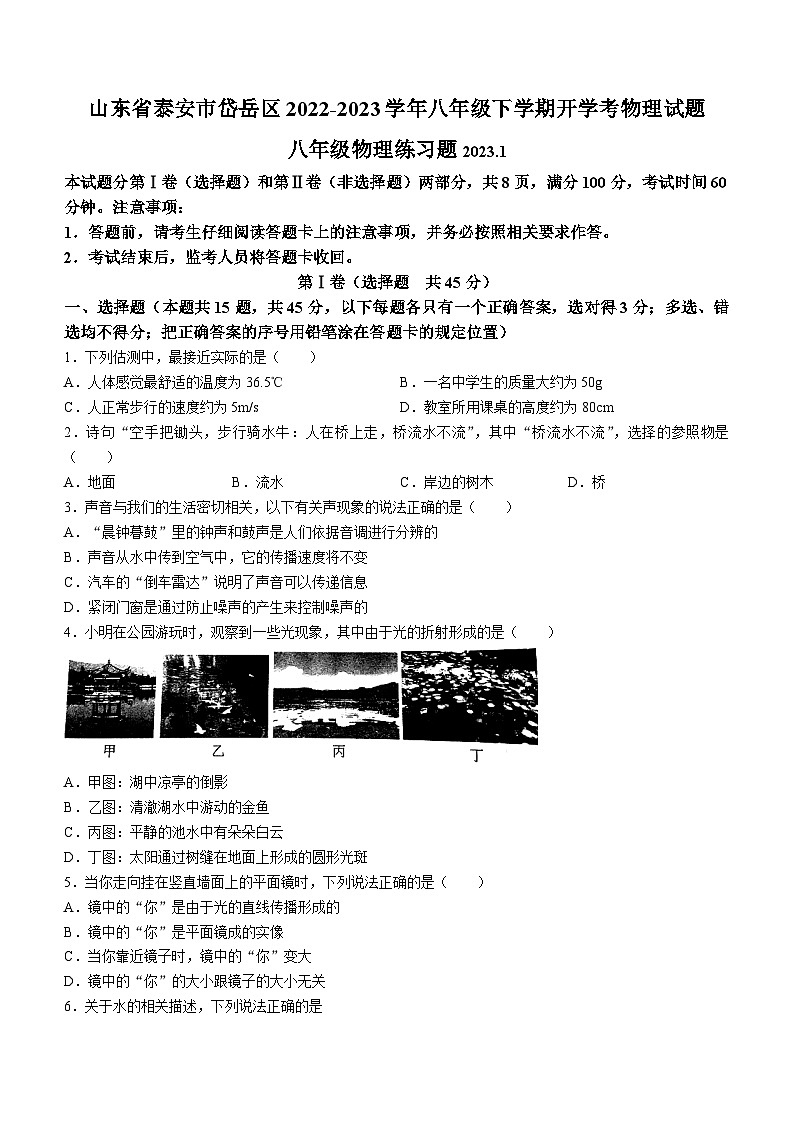 山东省泰安市岱岳区2022-2023学年八年级下学期开学考试物理试题第1页