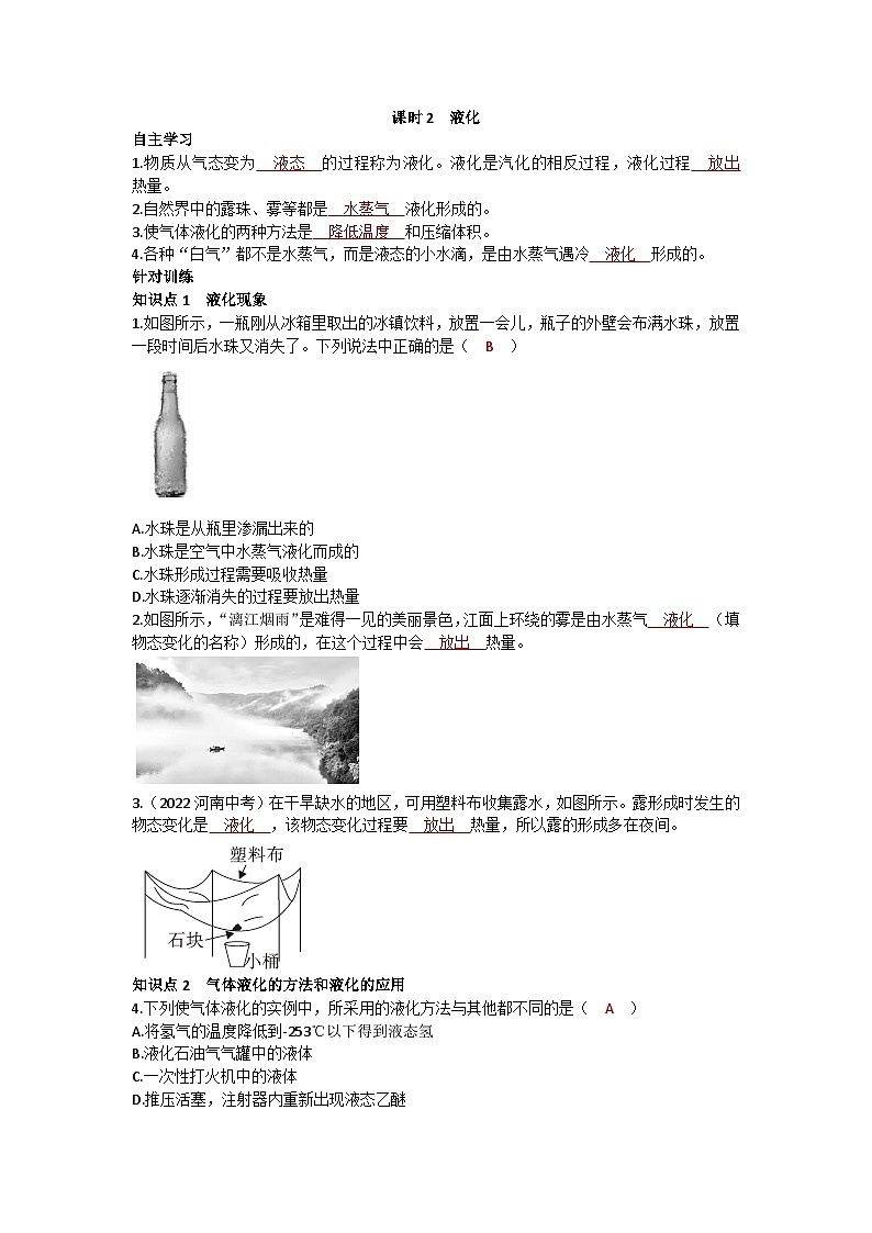 沪科版九年级物理 第十二章 第三节课时2 液化练习第1页