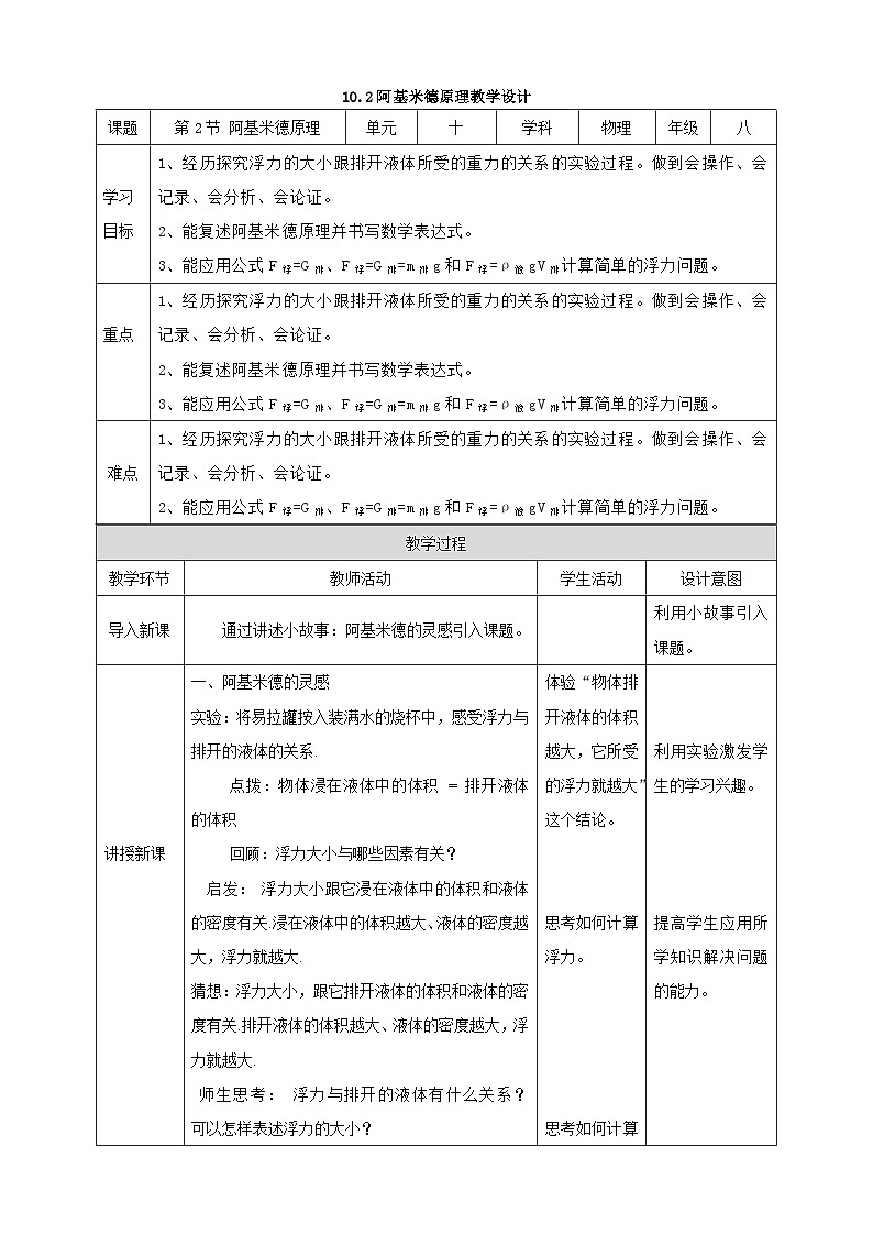 人教版八年级下册物理10.2阿基米德原理教学设计01