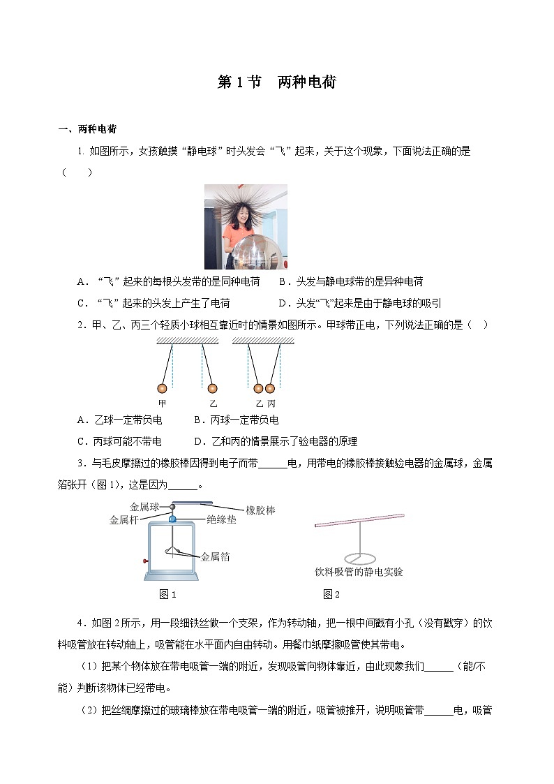 人教版物理九年级15.1 《两种电荷》分层作业(原卷版）01