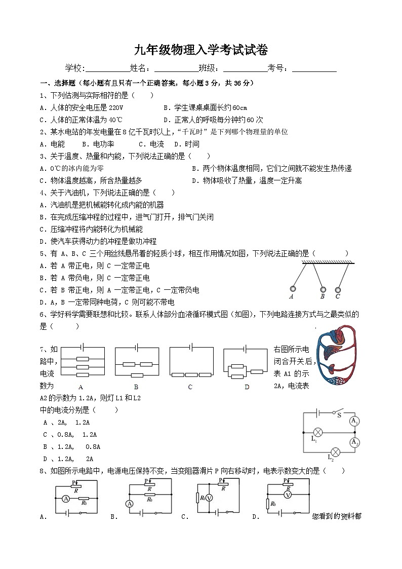 湖南省岳阳市汨罗市任弼时红军中学2023-2024学年九年级下学期入学考试物理试题第1页