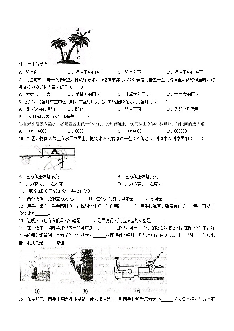 四川省渠县中学2022-2023学年八年级下学期入学考试物理试题()02
