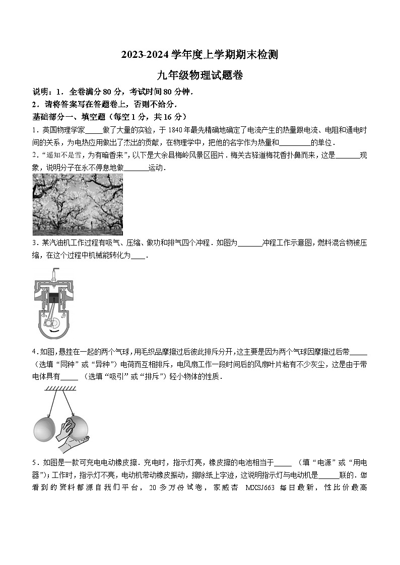 江西省赣州市大余县2023-2024学年九年级上学期期末检测物理试题第1页