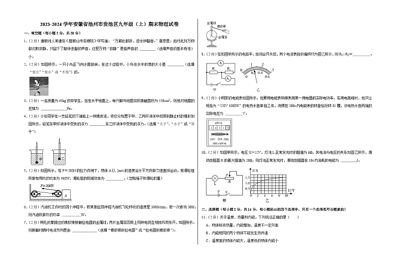 安徽省池州市贵池区2023-2024学年九年级上学期期末物理试卷01