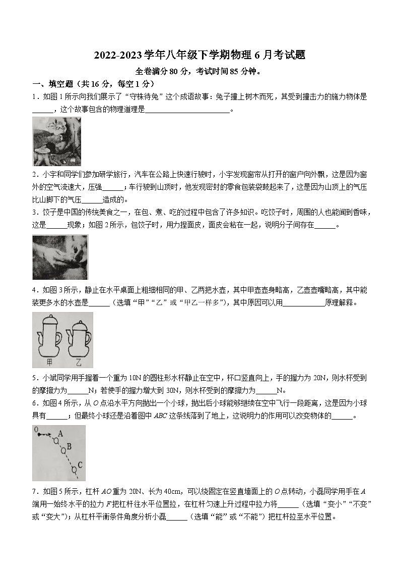 湖北天门市多祥镇初级中学2022-2023学年八年级下学期6月月考物理试题01
