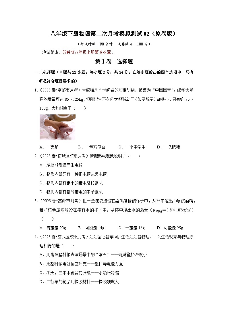 八年级下册物理第二次月考模拟测试02（第6~9章）2023-2024学年八年级下册物理阶段性专题复习及模拟测试（苏科版）01