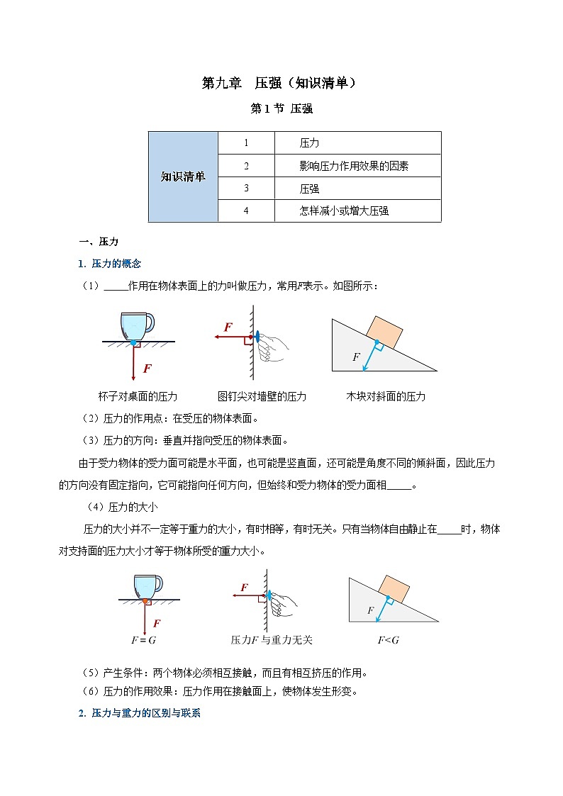 第九章 压强（单元知识清单）-八年级物理下册同步备课系列（人教版）01