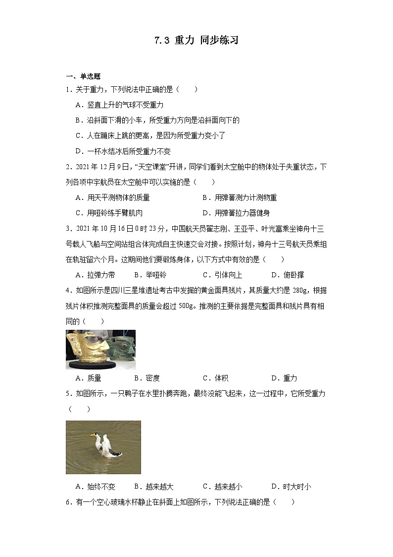 2023—2024学年度人教版物理八年级下学期7.3+重力+同步练习（含答案）第1页
