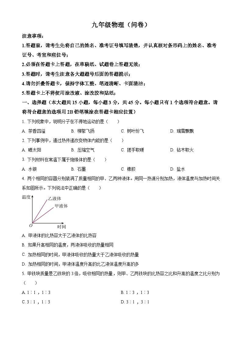 湖南省益阳市大通湖区北洲子镇中学等校联考2021-2022学年九年级上学期期中物理试题（原卷版+解析版）01