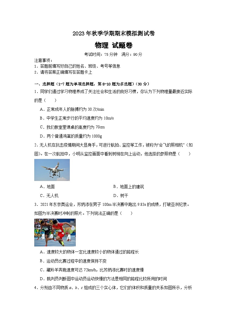云南省砚山县阿舍乡中心学校2023-2024学年八年级上学期期末模拟物理试题第1页