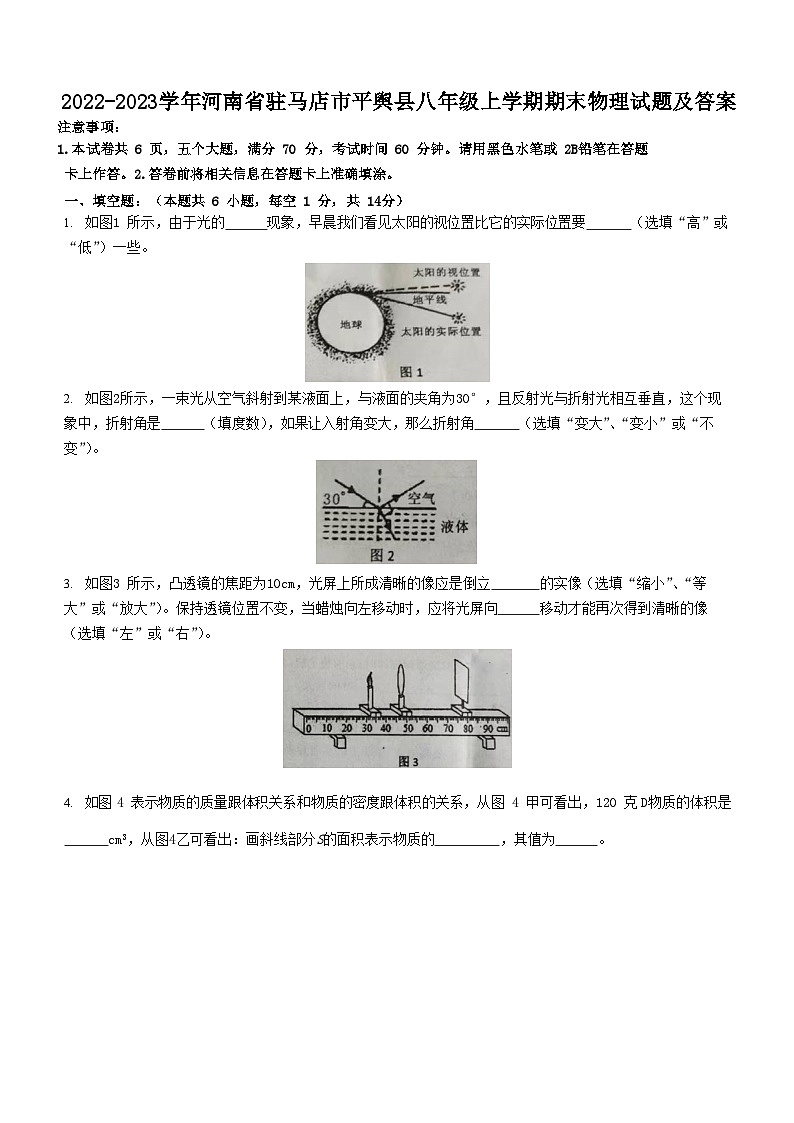 2022-2023学年河南省驻马店市平舆县八年级上学期期末物理试题及答案第1页