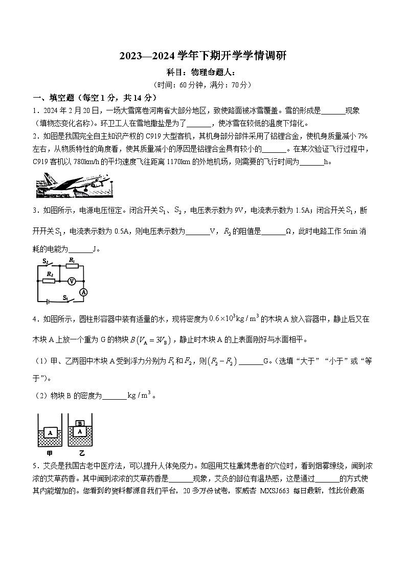253，河南省实验中学2023-2024学年九年级下学期开学考试物理试题01