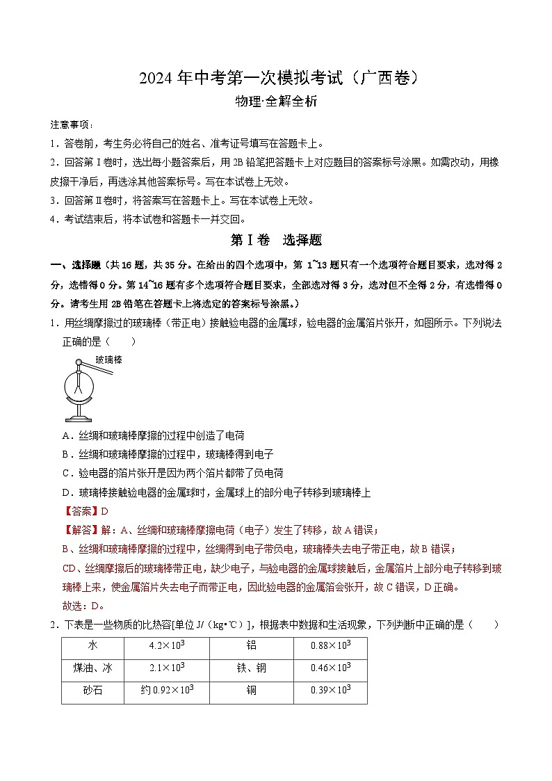物理（广西卷）-冲刺中考：2024年中考第一次模拟考试01