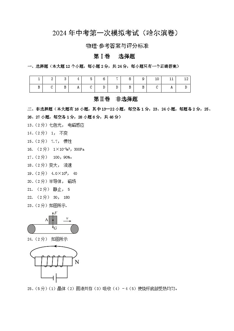 2024年中考物理第一次模拟考试（哈尔滨卷）（参考答案及评分标准）第1页