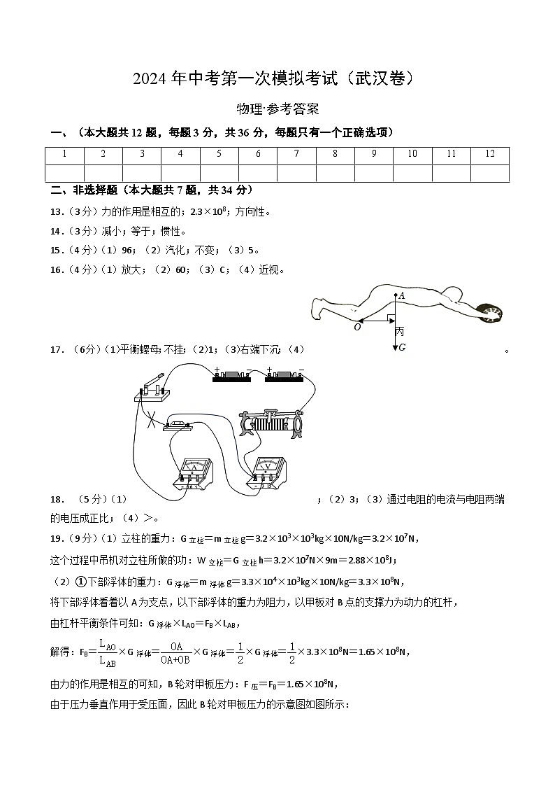 物理（湖北武汉卷）-冲刺中考：2024年中考第一次模拟考试01