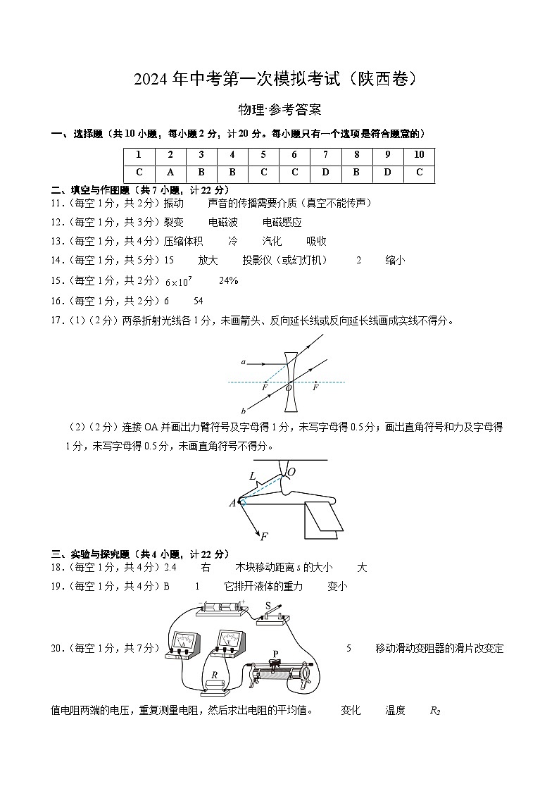 物理（陕西卷）-冲刺中考：2024年中考第一次模拟考试01