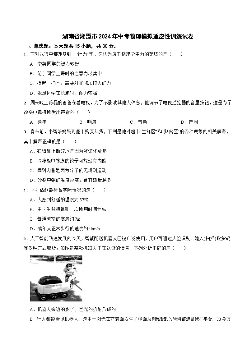 30，2024年湖南省湘潭市中考物理模拟适应性训练试卷第1页