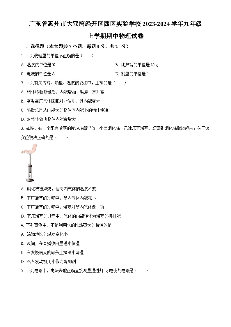 广东省惠州市大亚湾经开区西区实验学校2023-2024学年九年级上学期期中物理试题（原卷版+解析版）01
