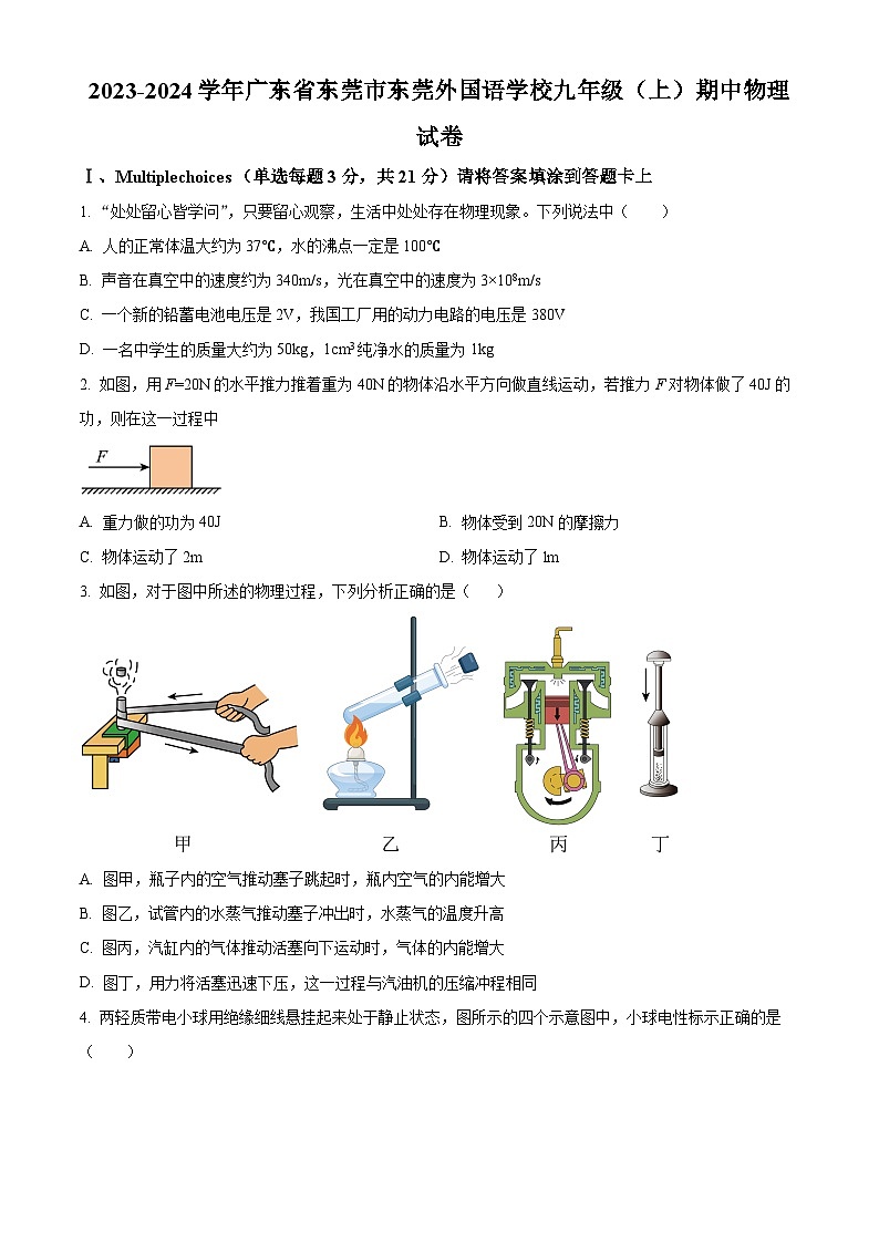 广东省东莞外国语学校2023-2024学年九年级上学期期中考试物理试题（原卷版+解析版）01