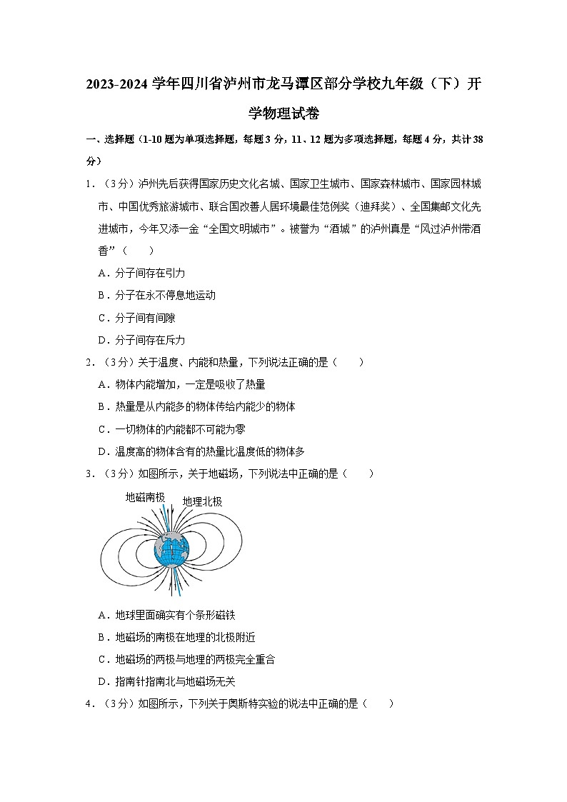 四川省泸州市龙马潭区部分学校2023-2024学年九年级下学期开学物理试卷第1页