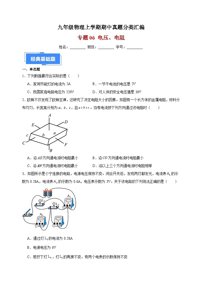 专题06 电压、电阻-九年级物理上学期期中真题分类汇编01