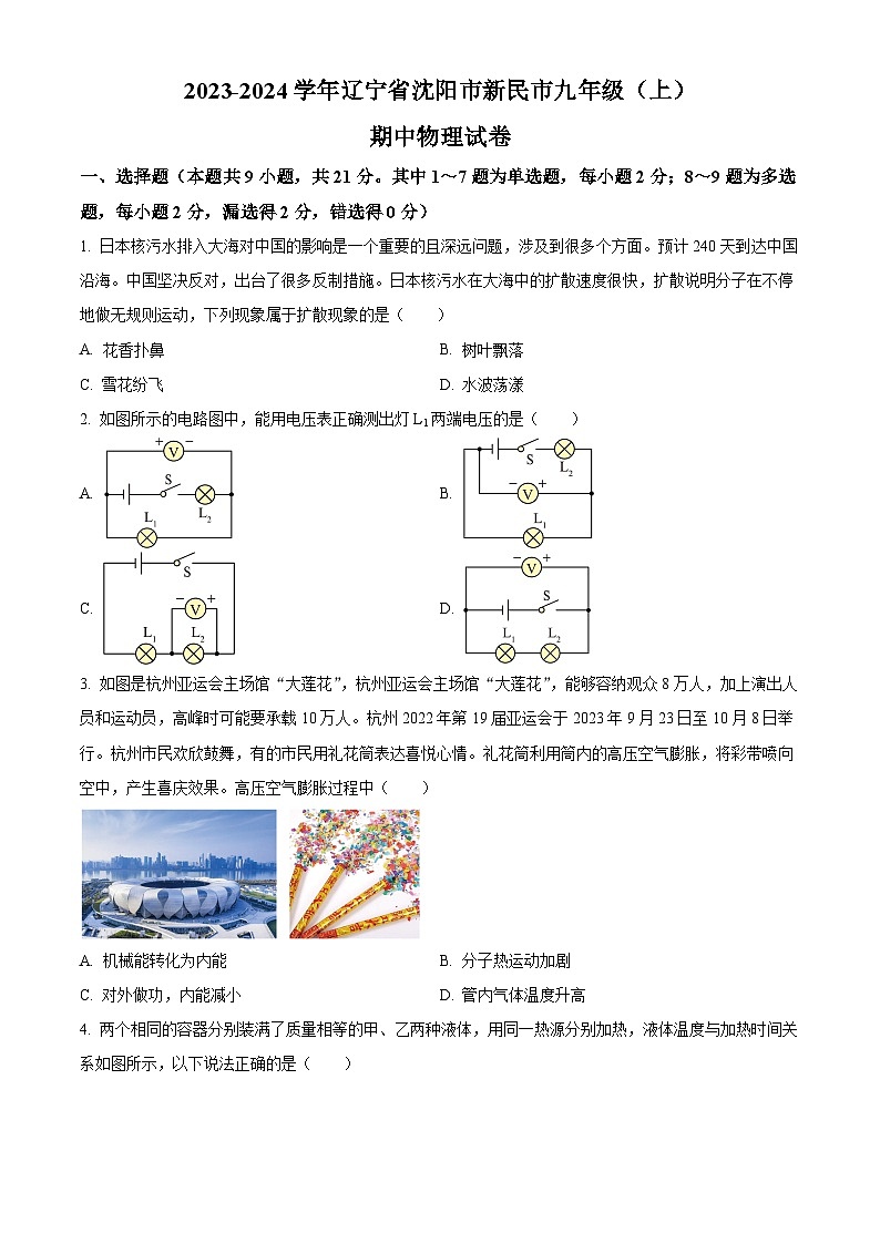 辽宁省沈阳市新民市2023-2024学年九年级上学期期中考试物理试题（原卷版+解析版）01