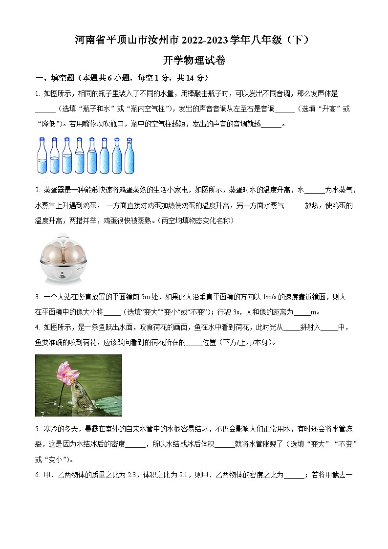 精品解析：河南省平顶山市汝州市2022-2023学年八年级下学期开学考试物理试题（原卷版）第1页