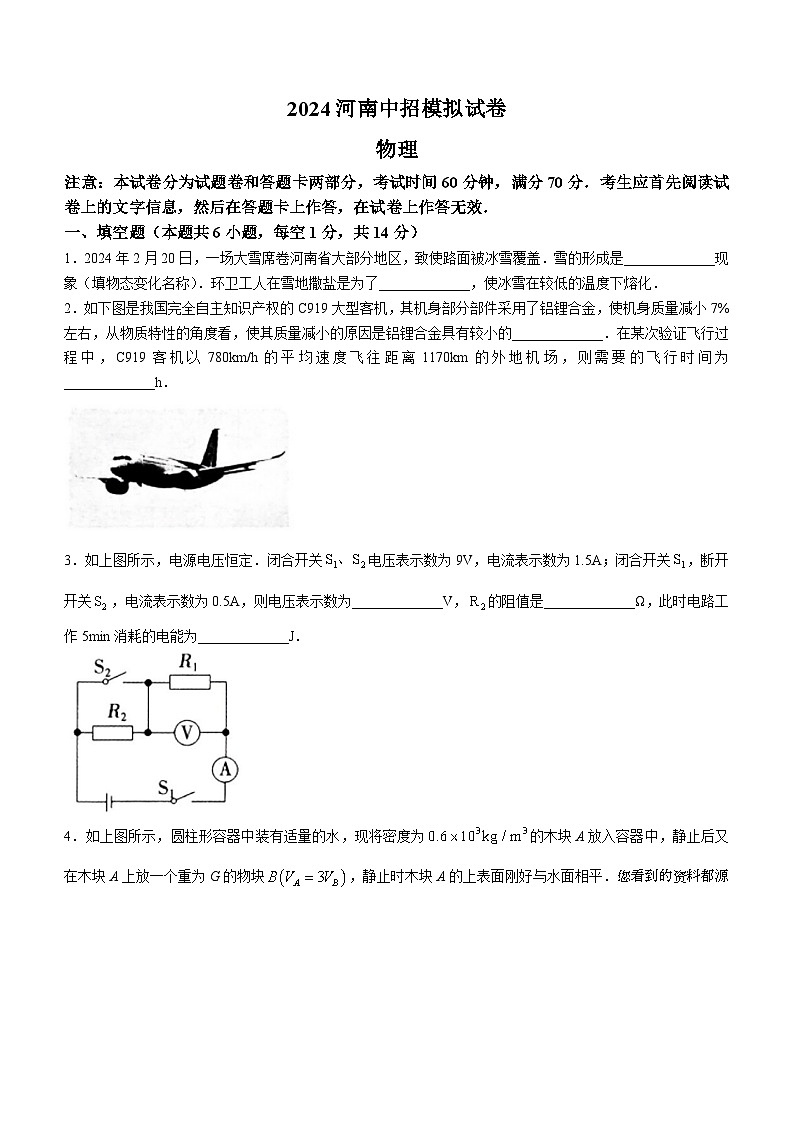 2024年河南省驻马店市汝南县中考一模物理试题第1页