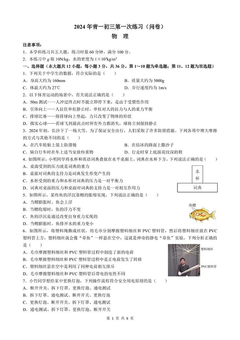 湖南省长沙市开福区青竹湖湘一外国语学校2023-2024学年九年级下学期第一次月考物理试题第1页