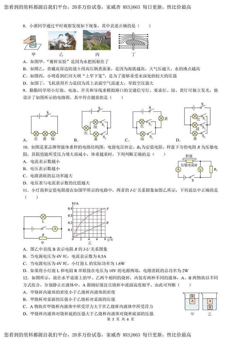 湖南省长沙市开福区青竹湖湘一外国语学校2023-2024学年九年级下学期第一次月考物理试题第2页