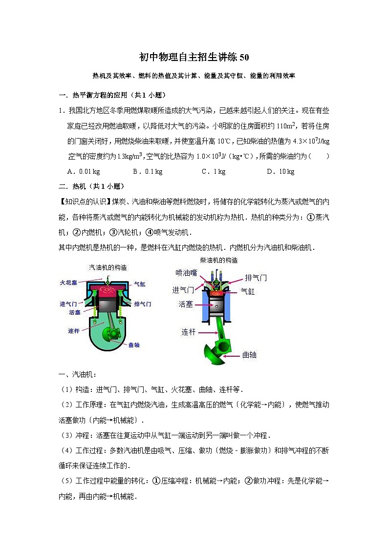 初中物理自主招生讲义练习50热机及其效率、燃料的热值及其计算、能量及其守恒、能量的利用效率（原卷版）第1页