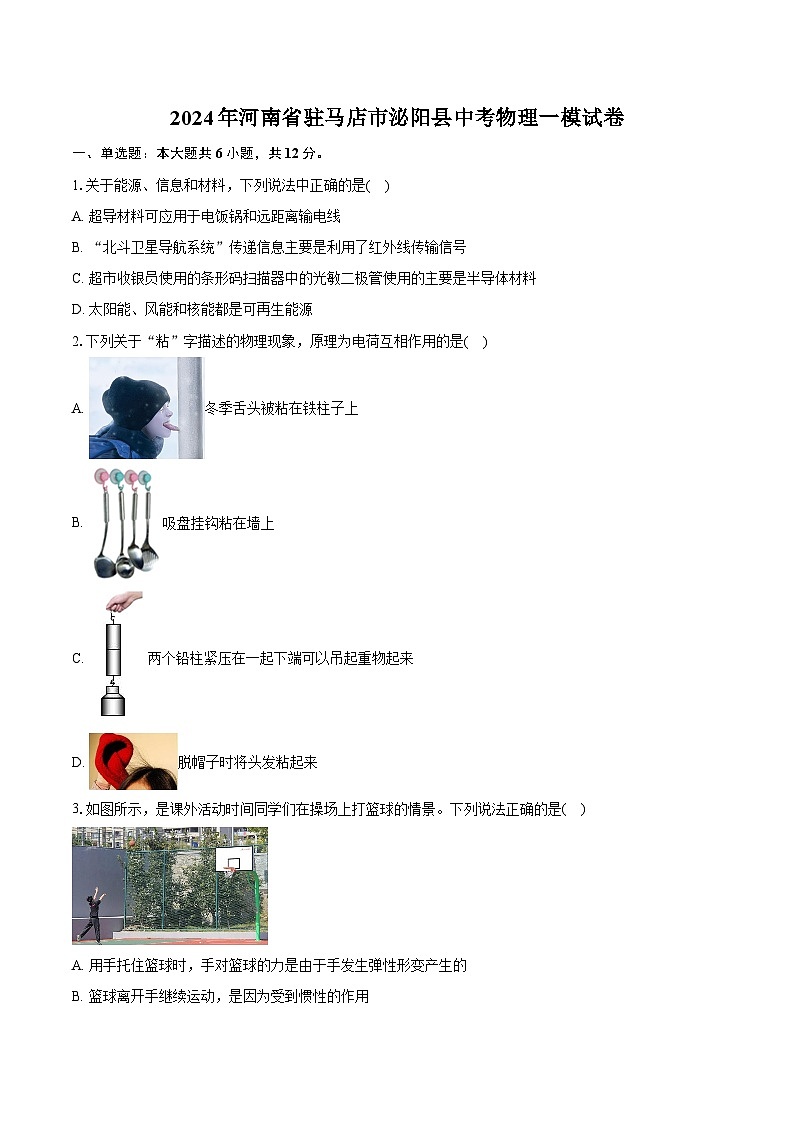 2024年河南省驻马店市泌阳县中考物理一模试卷（含解析）第1页