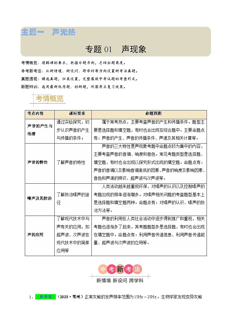 专题01 声现象-备战2024年中考物理（全国通用）（学生版）第1页