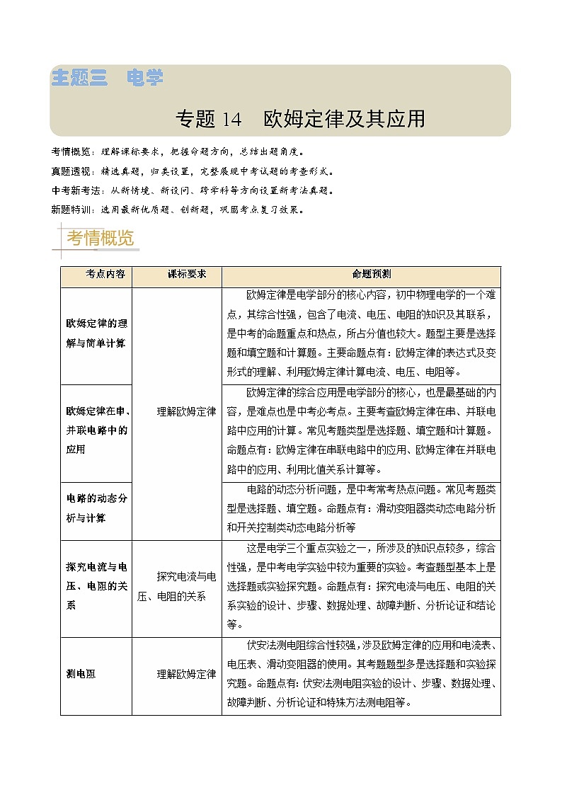 专题14 欧姆定律及其应用-备战2024年中考物理（全国通用）（学生版）第1页