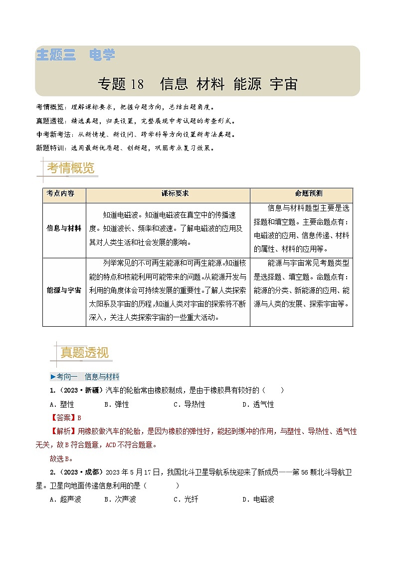 专题18 信息 材料 能源 宇宙-备战2024年中考物理（全国通用）（教师版）第1页