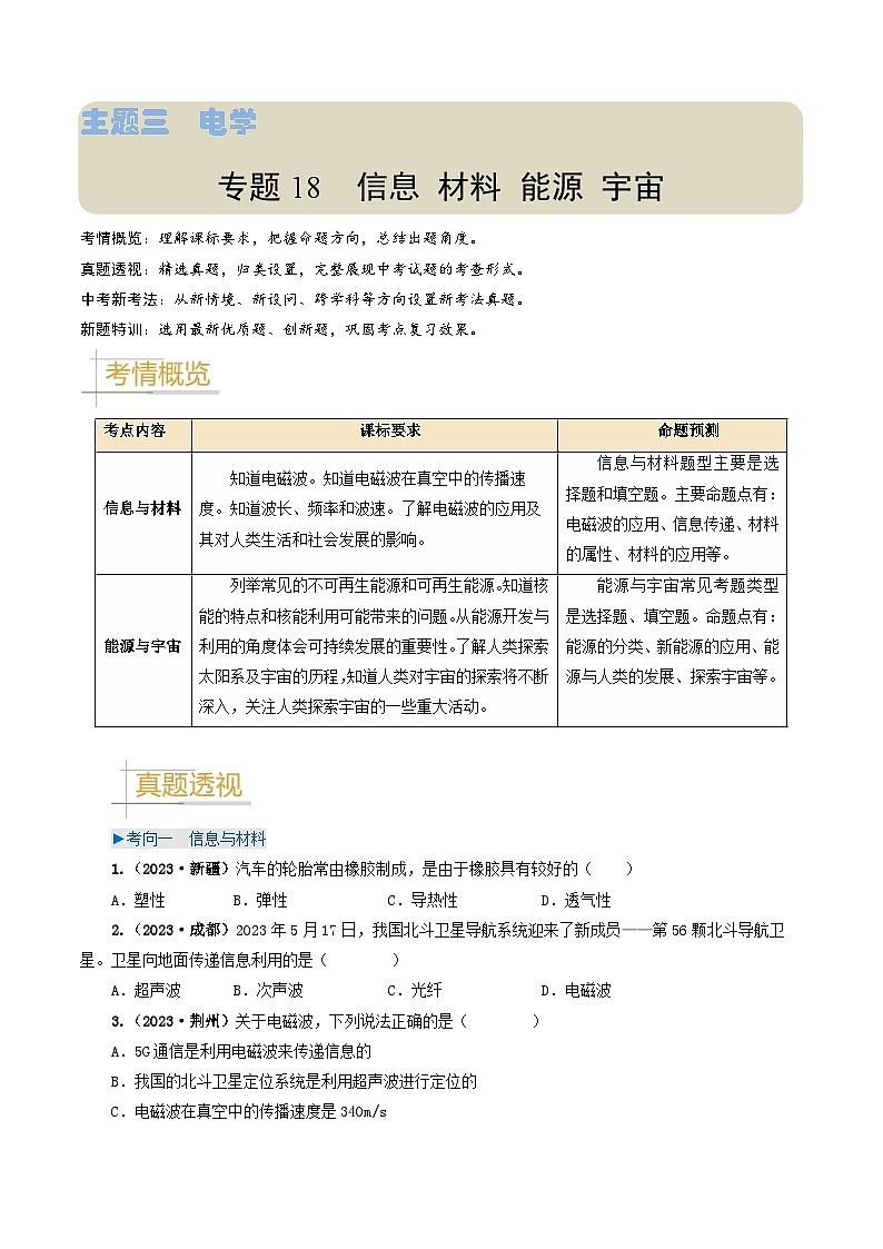 专题18 信息 材料 能源 宇宙-备战2024年中考物理（全国通用）（学生版）第1页