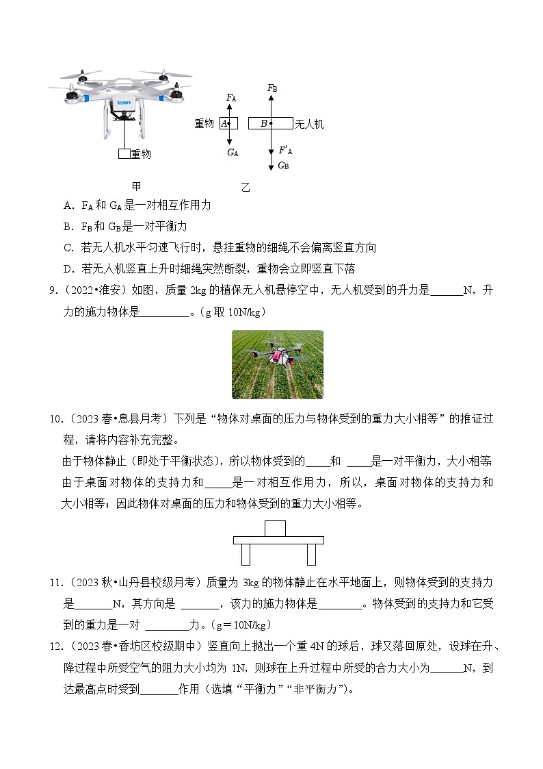2023-2024学年八年级下册物理人教版8.2 二力平衡（基础+能力）练（含解析）第3页