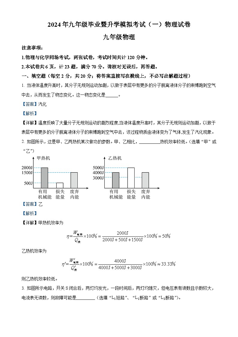 2024年安徽省芜湖市中考一模物理试题（原卷版+解析版）01