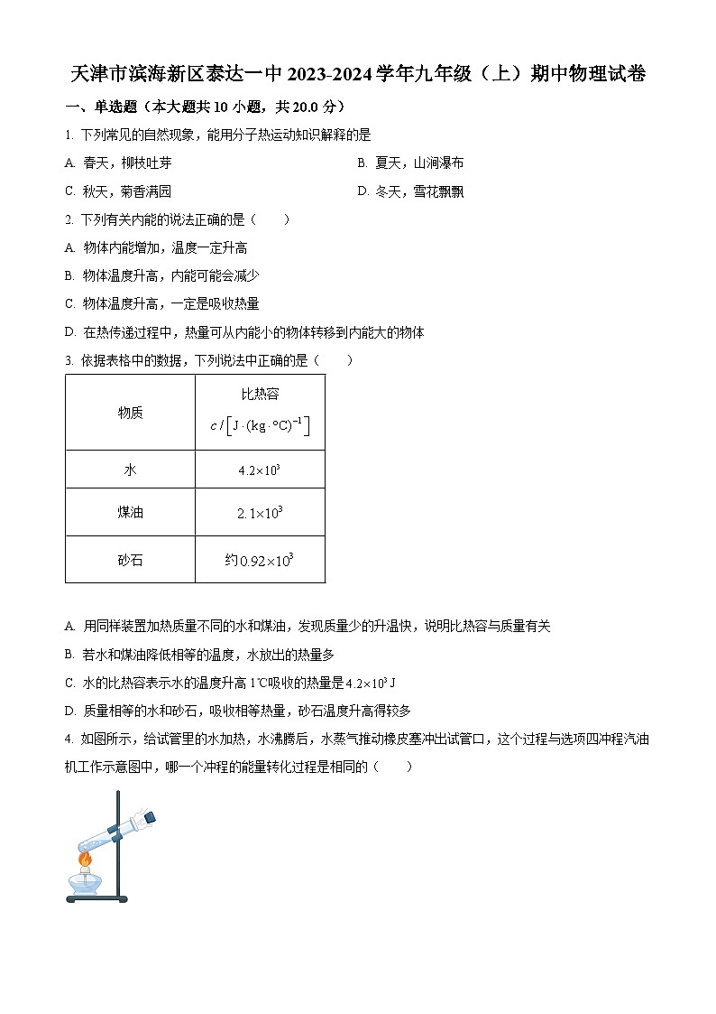 精品解析：天津市滨海新区泰达一中2023-2024学年九年级上学期期中物理试题（原卷版）第1页
