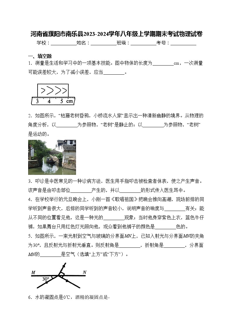 河南省濮阳市南乐县2023-2024学年八年级上学期期末考试物理试卷(含答案)01