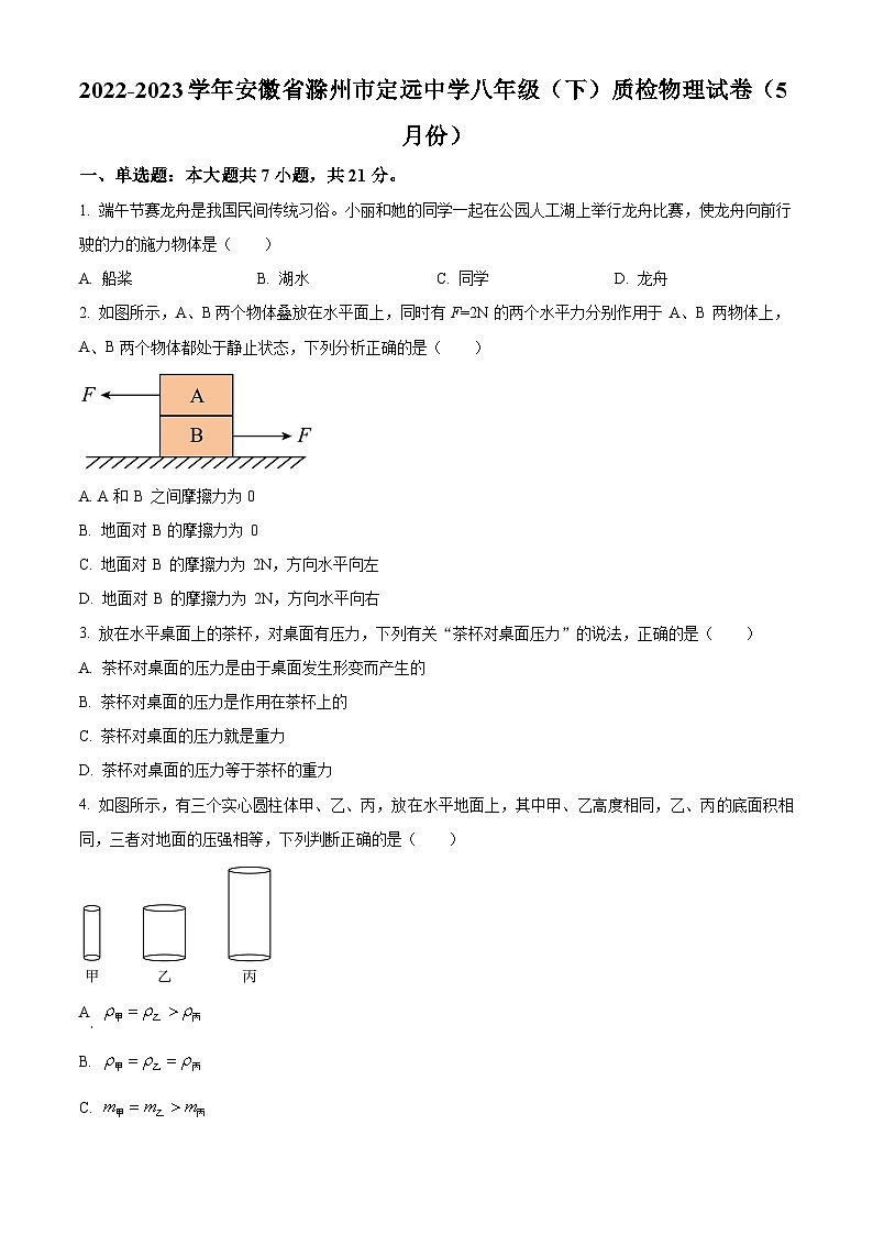 精品解析：安徽省滁州市定远中学2022-2023学年八年级下学期5月质检物理试题（原卷版）第1页