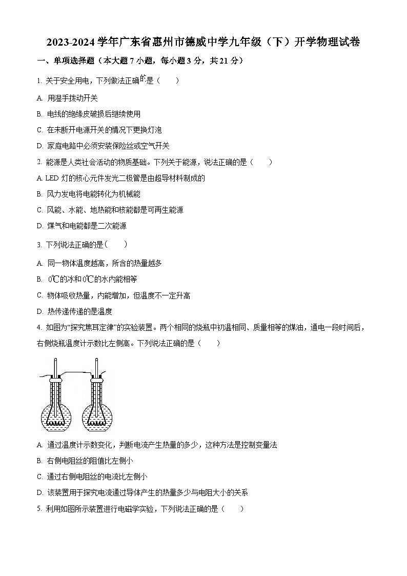 精品解析：广东省惠州市德威学校2023-2024学年九年级下学期开学物理试题（原卷版）第1页