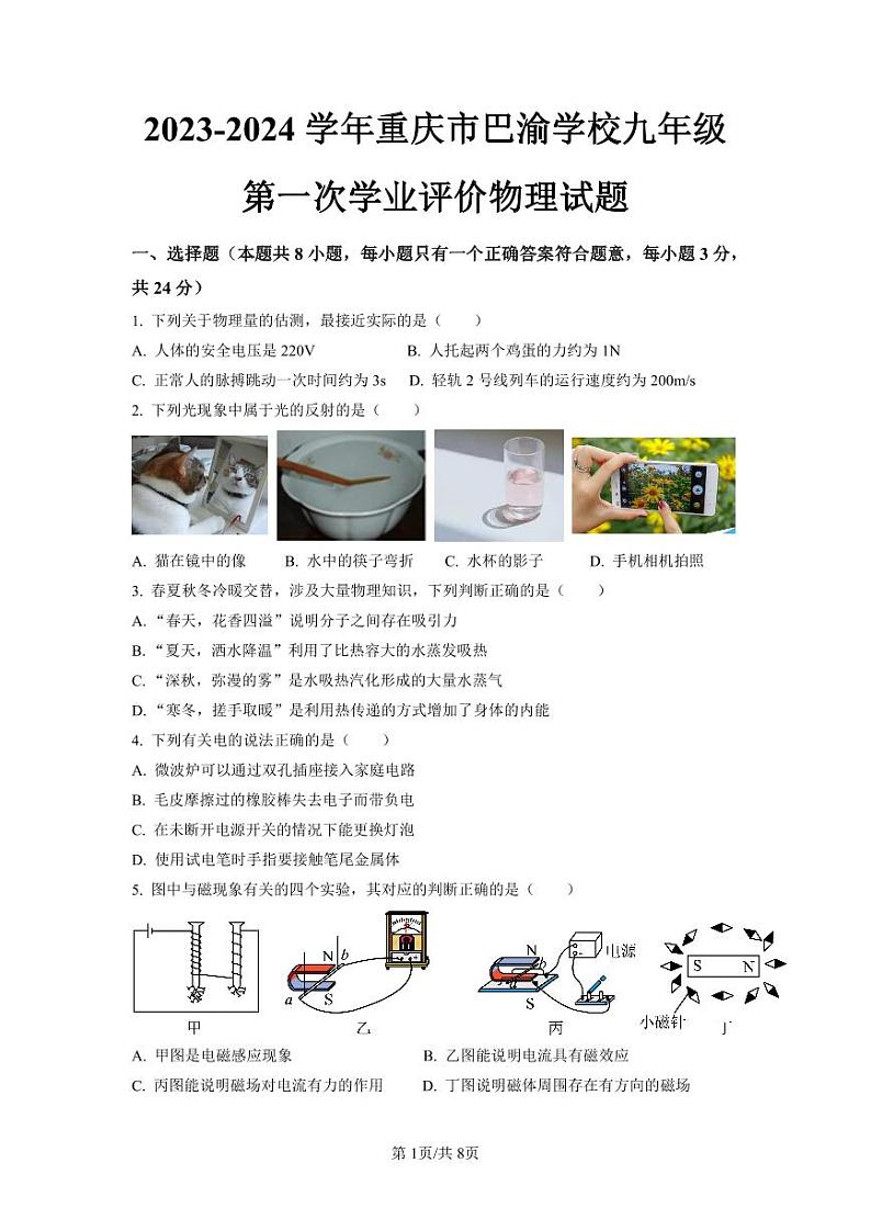 重庆市巴渝学校2023-2024学年九年级下学期第一次月考物理试题01