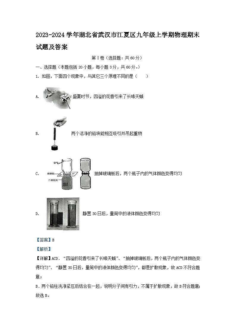 2023-2024学年湖北省武汉市蔡甸区九年级上学期物理期末试题及答案01