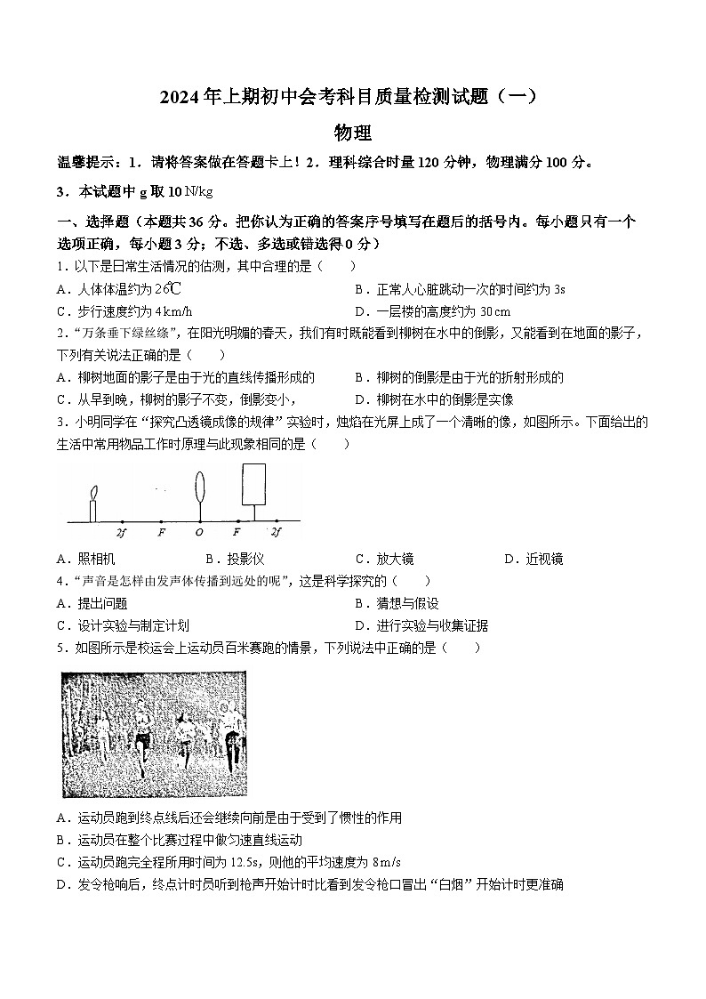 2024年湖南省娄底市涟源市中考一模物理试题第1页