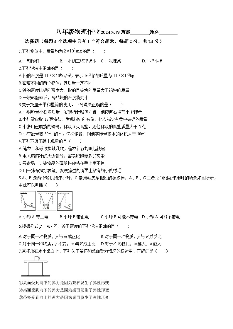 江苏省镇江市扬中市外国语中学2023-2024学年八年级下学期3月月考物理试卷(无答案)第1页