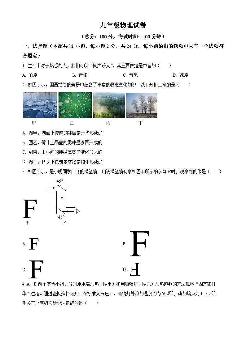 江苏省扬州市江都区邵樊片暨联谊学校2023-2024学年九年级下学期3月月考物理试题（原卷版+解析版）01