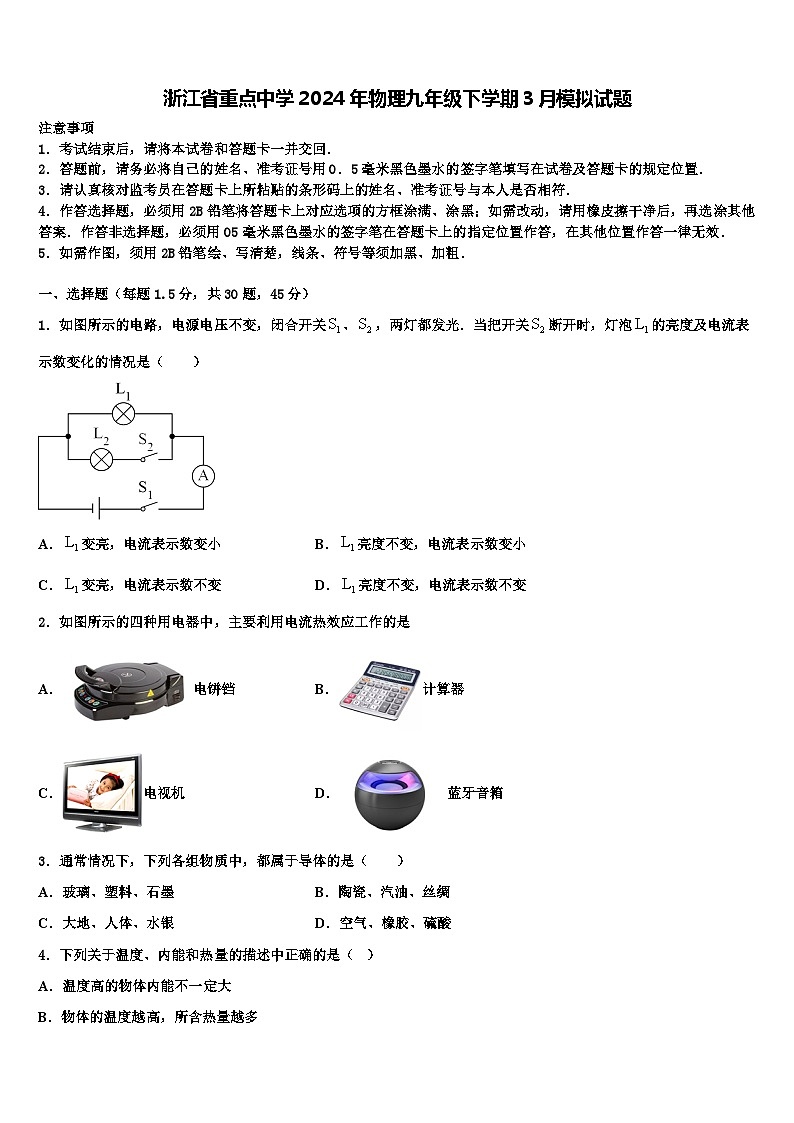 浙江省重点中学2024年物理九年级下学期3月模拟试题第1页