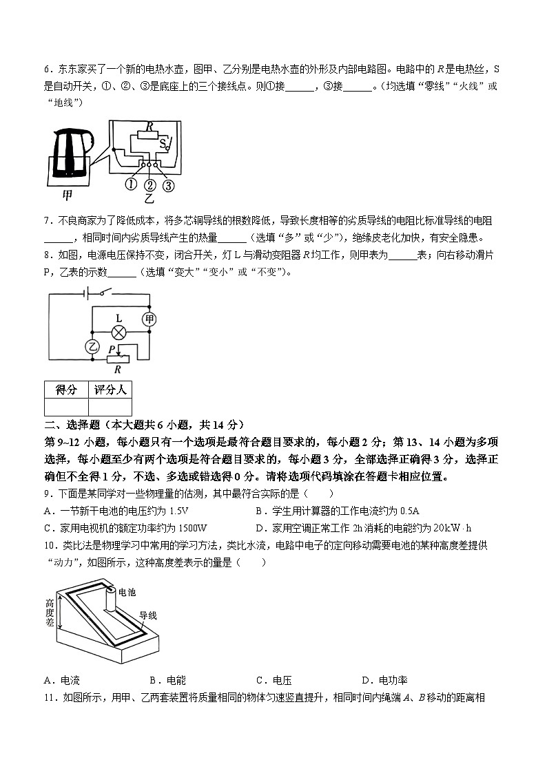 2024年江西省南昌市部分学校九年级中考一模考试物理试题(无答案)02
